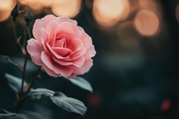 Pink rose in soft focus illuminated by warm evening light, Macro of pink rose