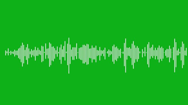 White audio visualizer animation on green screen background. Music equalizer, waveform spectrum, audio waves, sound frequency lines. Includes chroma key green, alpha channel transparent background