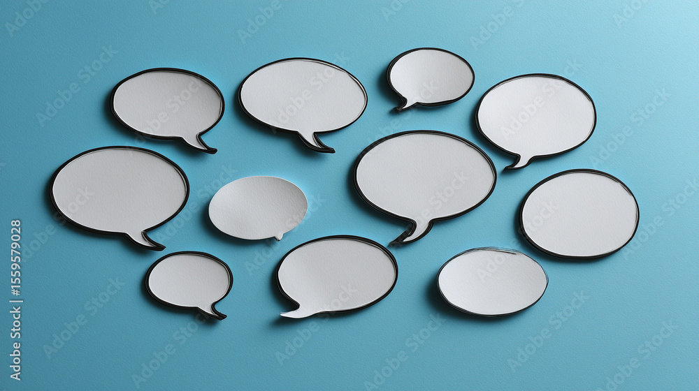 Poster empty speech bubbles on a blue background for communication concepts, dialogue representation, brain