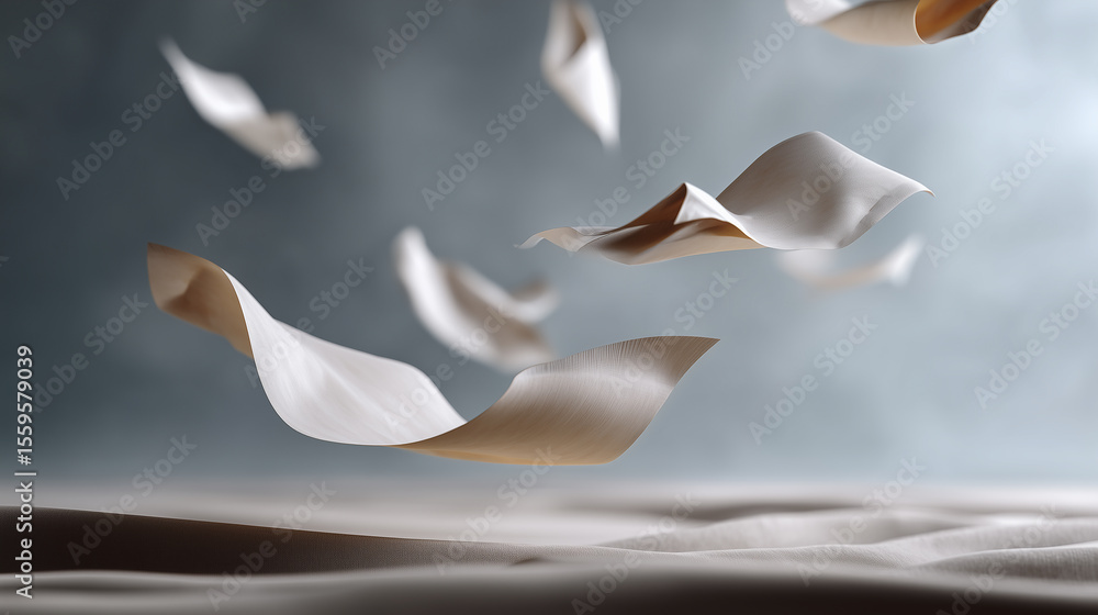 Poster delicate sheets of paper floating gracefully in a softly lit ethereal environment with dreamy backgr