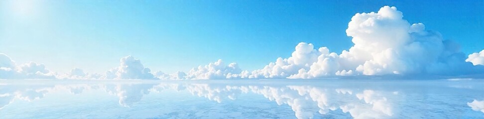 Serene landscape featuring a breathtaking blue sky, dotted with fluffy white clouds, reflected in a polished marble surface The image evokes calmness and tranquility , elegance, summer