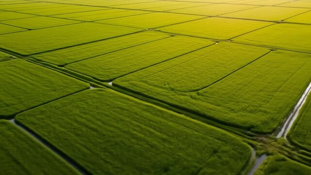 Aerial view of vibrant green rectangular rice paddies separated by narrow waterways