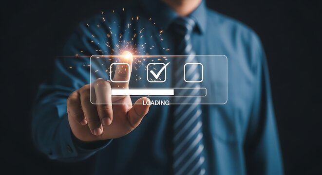 Businessman's hand interacting with digital loading screen for success and achievement