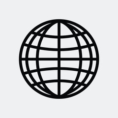 A simple black and white graphic of a stylized globe with a grid pattern representing continents and oceans presented as a clean silhouette