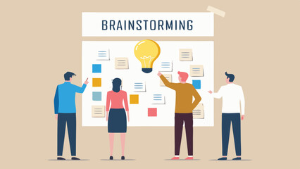 Team Brainstorming Session with Lightbulb Idea on Whiteboard Illustration