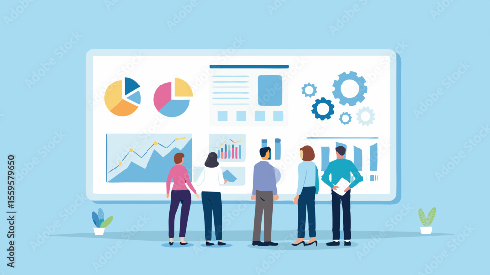 Poster business team analyzing data on a large screen displaying charts