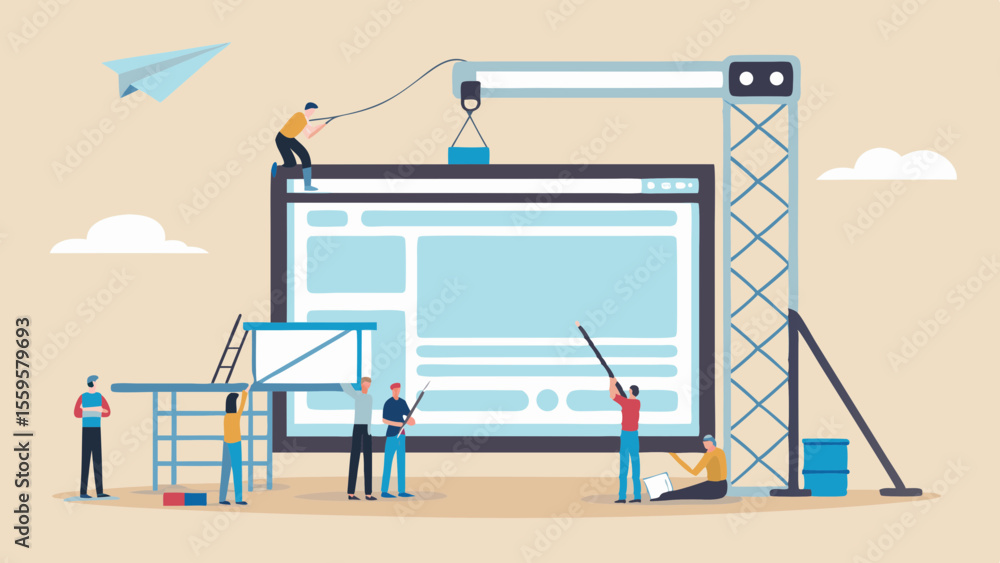 Poster website construction and development team working together to build a web page