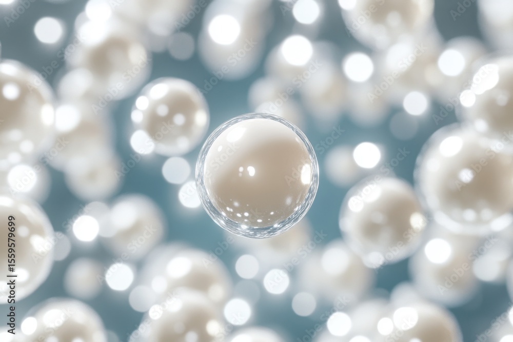 Poster levitating white soft spheres against a modern clean background creating a serene atmosphere, levita