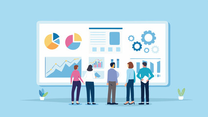 Business Team Analyzing Data on a Large Screen Displaying Charts