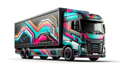 Clean visual mockup of commercial truck featuring colorful branding on body in bright white minimalist studio layout
