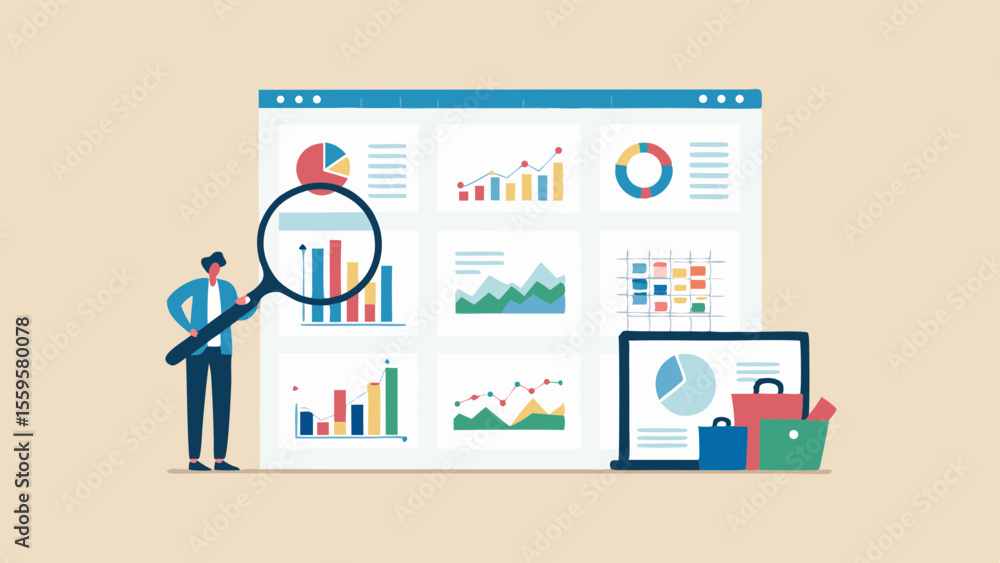 Poster analyzing business data with charts and graphs using magnifying glass