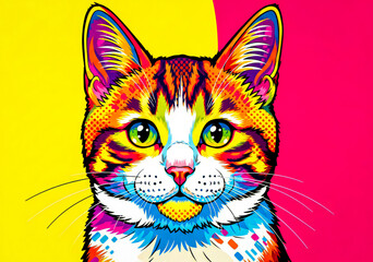 Colorful Pop Art Illustration of a Cute Cat with Neon Fur 