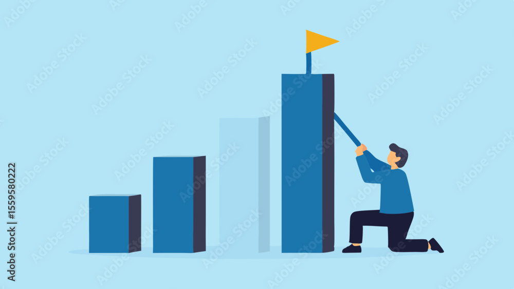 Poster man pushing upward on bar graph with flag reaching success