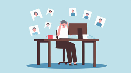 Stressed employee overwhelmed by work and team member photos on screen