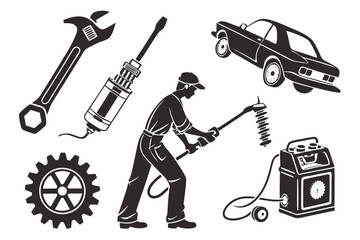 Mechanic with tools and car wrench screwdriver