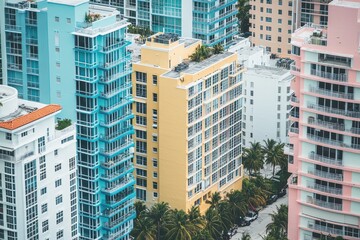 Obraz premium Vibrant skyline of Miami Beach with colorful skyscrapers and palm trees in view, Aerial view of skyscrapers in Miami Beach
