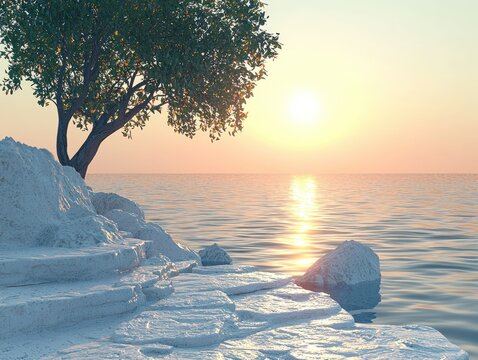 Sunrise over a serene white rock shore.  A lone tree stands sentinel over the tranquil waters