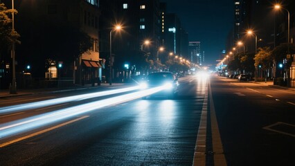 Fototapeta premium Nighttime City Street with Light Trails from Moving Vehicles