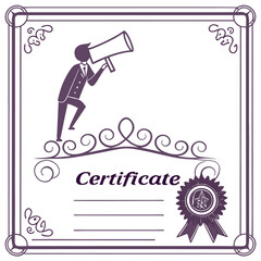 Stylized illustration of a person in a suit holding a megaphone presented within an ornate certificate border with decorative elements and a ribbon award