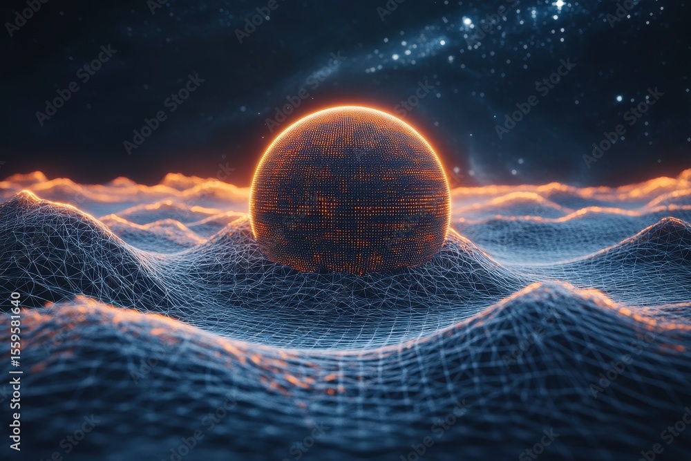 Poster sphere and wireframe landscape showcasing big data visualization in a cosmic setting, sphere and wir