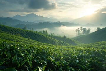Morning light over lush green tea fields with mountains in the background, Quiet morning in green tea fields, sunrise and mountains in view, essence of freshness