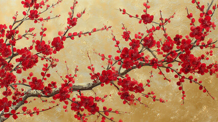 Red gold floral painting artwork 