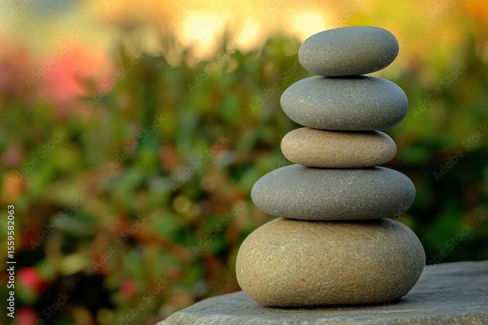 Aufkleber stack of five balanced stones in a serene outdoor setting with a soft blurred background, stack of f