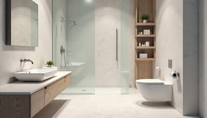 Modern, clean, and minimalist bathroom interior featuring a sleek toilet and stylish fixtures Perfect for design blogs, home improvement websites, or real estate listings , ceramic, stylish