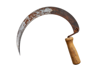 Rusty Vintage Sickle with Worn Blade, isolated on a transparent background