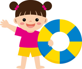 튜브를 들고 있는 여자 어린이