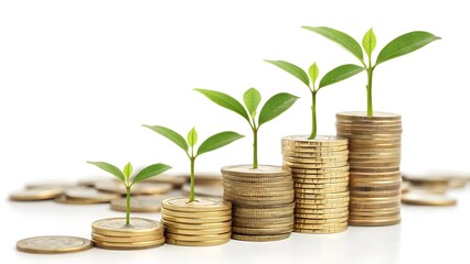 Five growing plants sprout from stacks of gold coins, symbolizing financial growth and investment