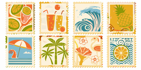 Summer Vacation Themed Postage Stamps with Tropical Beach Elements
