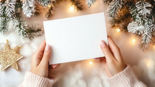 Woman holding blank holiday card near decorated christmas tree, sparkling lights creating festive invitation atmosphere