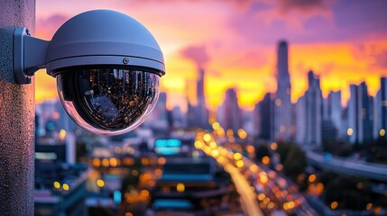 Security camera atop a building at sunset over a cityscape