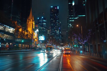 Obraz premium Nighttime timelapse of Melbourne city streets with festive lights and city skyline, Melbourne Timelapse