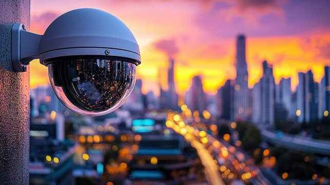 Security camera atop a building at sunset over a cityscape