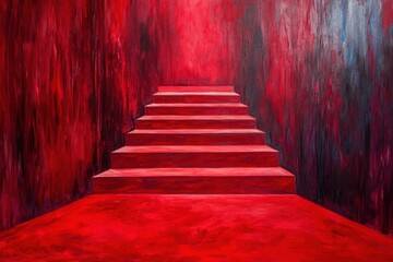 Fototapeta premium Red carpet steps leading up in a vibrant and artistic setting with bold red tones, red carpet on award