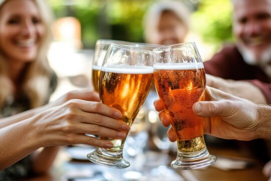 Group of individuals celebrating together while toasting with drinks at an outdoor gathering, Group of different ages toasting at a table in an outdoor bar Cinematic