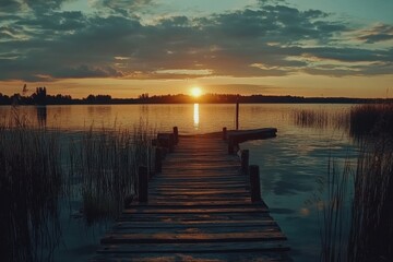 Obraz premium Sunset over a tranquil lake with an old wooden pier extending into calm waters, Sunset Over the lake and wooden old pier, Photo