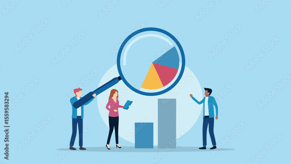 Poster business analysis with magnifying glass on pie chart and bar graph