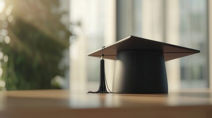 Black graduation cap with tassel studies on wooden table, representing successful completion of resting and bright future