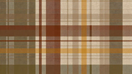 An earthy-toned plaid with layered olive, rust, beige, mustard lines, textured like woven textile, blending natural colors with creative patterning.