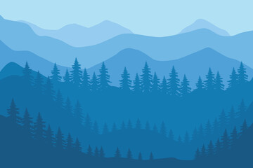 A scenic Forest background illustration featuring the silhouette of several pine trees perfect for nature themed, background landscape, desktop etc