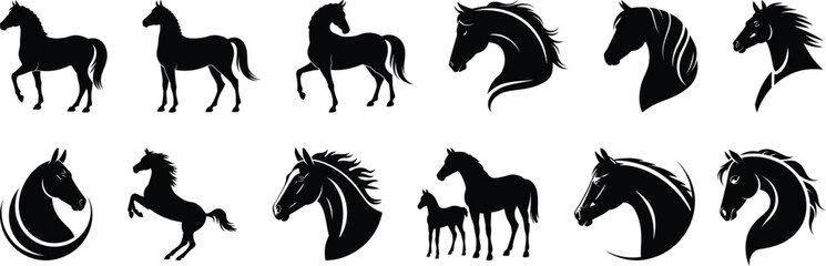 Walking And Powerful Horse Silhouette Vector Set With Motion And Outline Detail Concepts