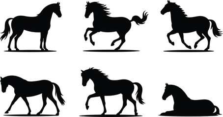 Obraz premium Horse Grazing And Rearing Silhouette Vector Collection In Dynamic Action Perspectives