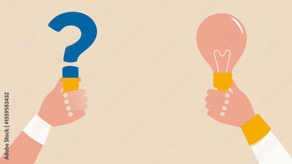 Poster hands holding question mark and lightbulb representing questions and solutions