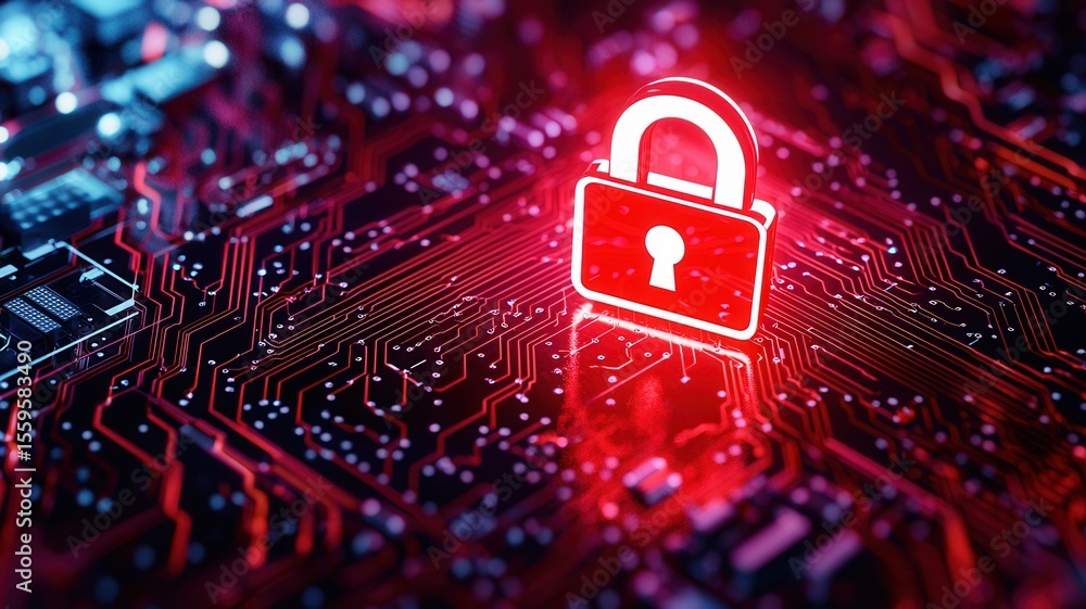 Poster glowing padlock information symbolizes cybersecurity, protecting sensitive red on a circuit board in