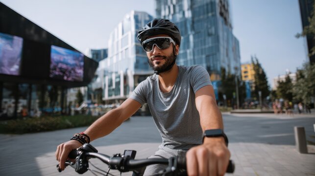 Young man cycling through modern city streets wearing helmet and sunglasses. Urban commuting and eco-friendly transportation concept on sunny day in contemporary environment.