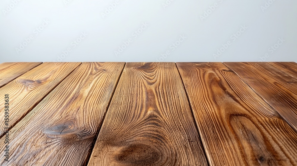 Poster smooth wooden table surface with a white wall background, creating a simple yet elegant setting