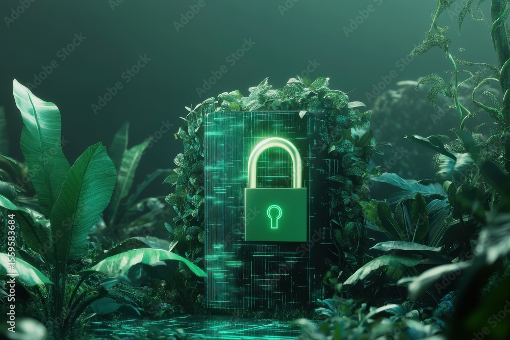 Aufkleber digital data security lock among lush greenery creating a sense of safety in a virtual world, green 